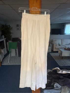 Abercrombie & Fitch White Elastic-Waist Wide-Leg Pants linen
